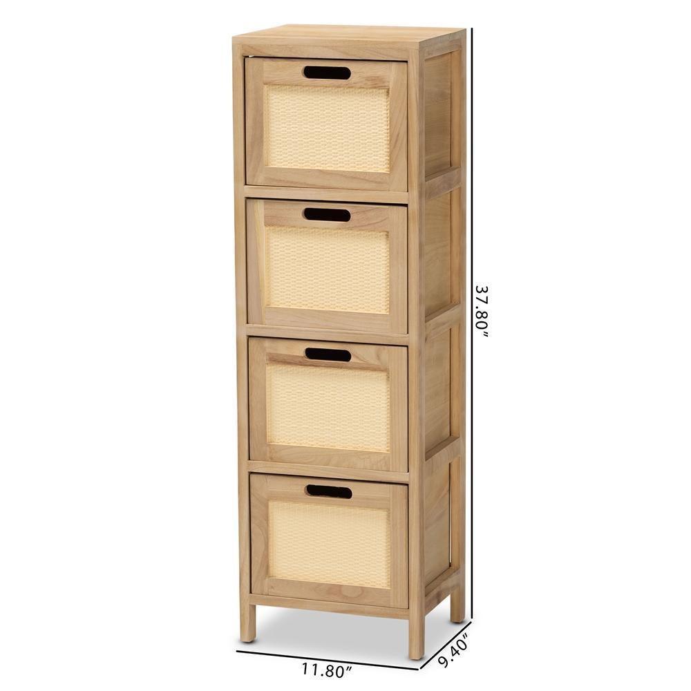 Paolo Mid-Century Modern Natural Brown Finished Wood and Rattan 4-Drawer Storage Unit FredCo