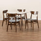 Paras Mid-Century Modern Transitional Light Grey Fabric Upholstered and Walnut Brown Wood 5-Piece Dining Set Marble Dining Table FredCo