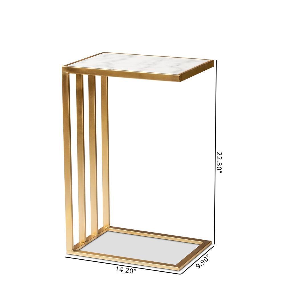 Parkin Modern and Contemporary Gold Finished Metal C Shaped End Table with Marble Tabletop FredCo