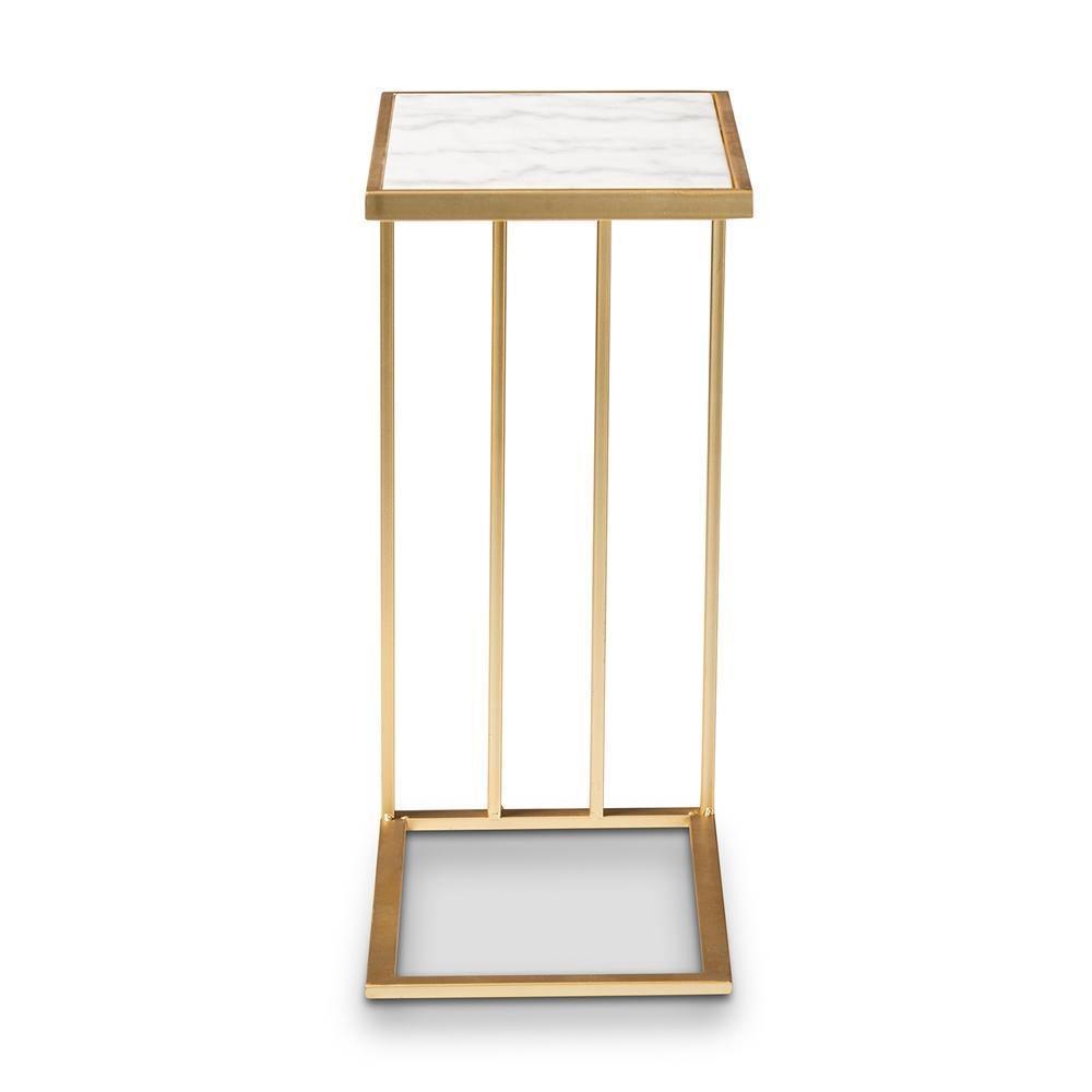 Parkin Modern and Contemporary Gold Finished Metal C Shaped End Table with Marble Tabletop FredCo