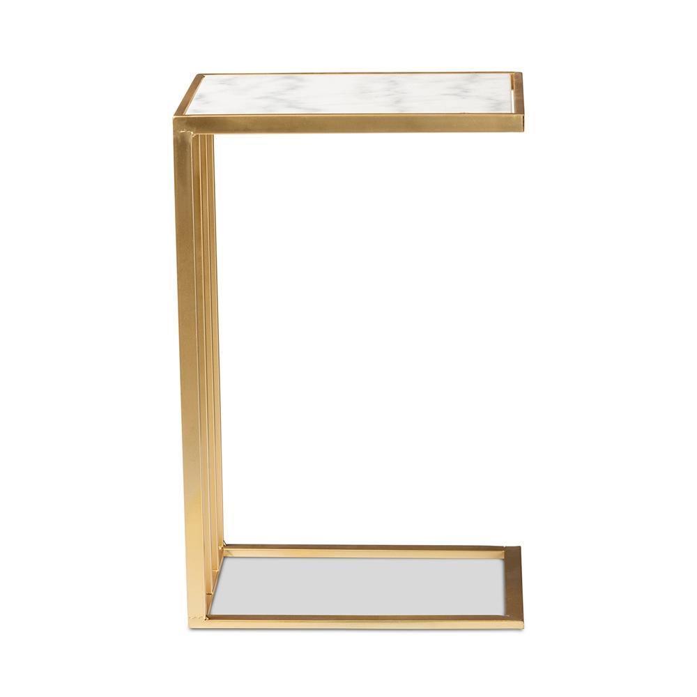 Parkin Modern and Contemporary Gold Finished Metal C Shaped End Table with Marble Tabletop FredCo
