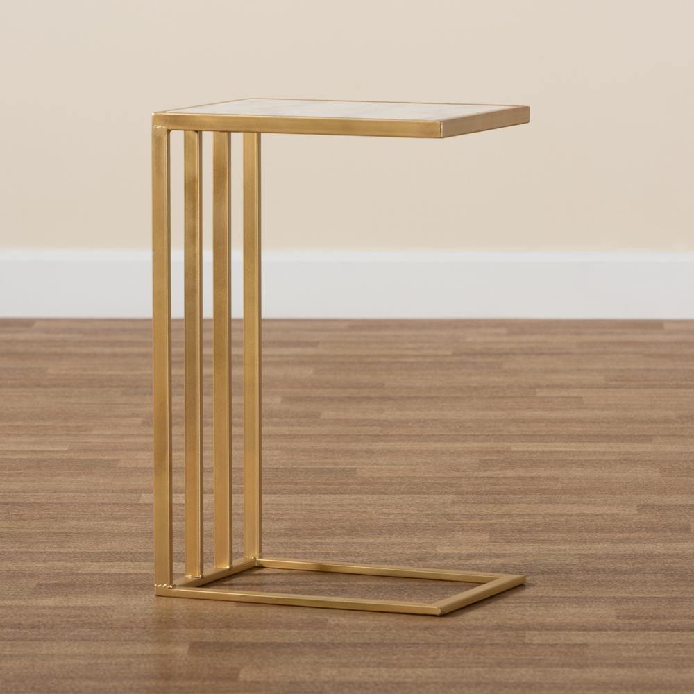 Parkin Modern and Contemporary Gold Finished Metal C Shaped End Table with Marble Tabletop FredCo