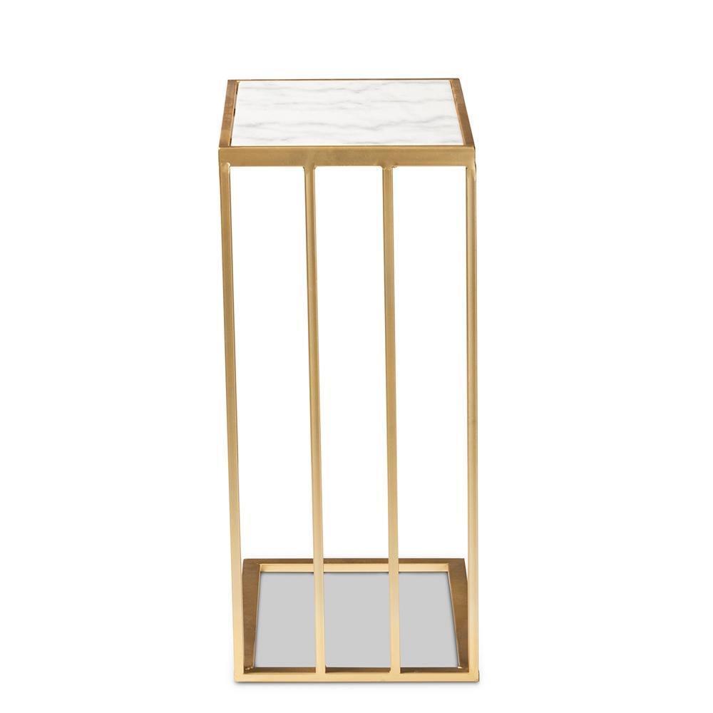 Parkin Modern and Contemporary Gold Finished Metal C Shaped End Table with Marble Tabletop FredCo