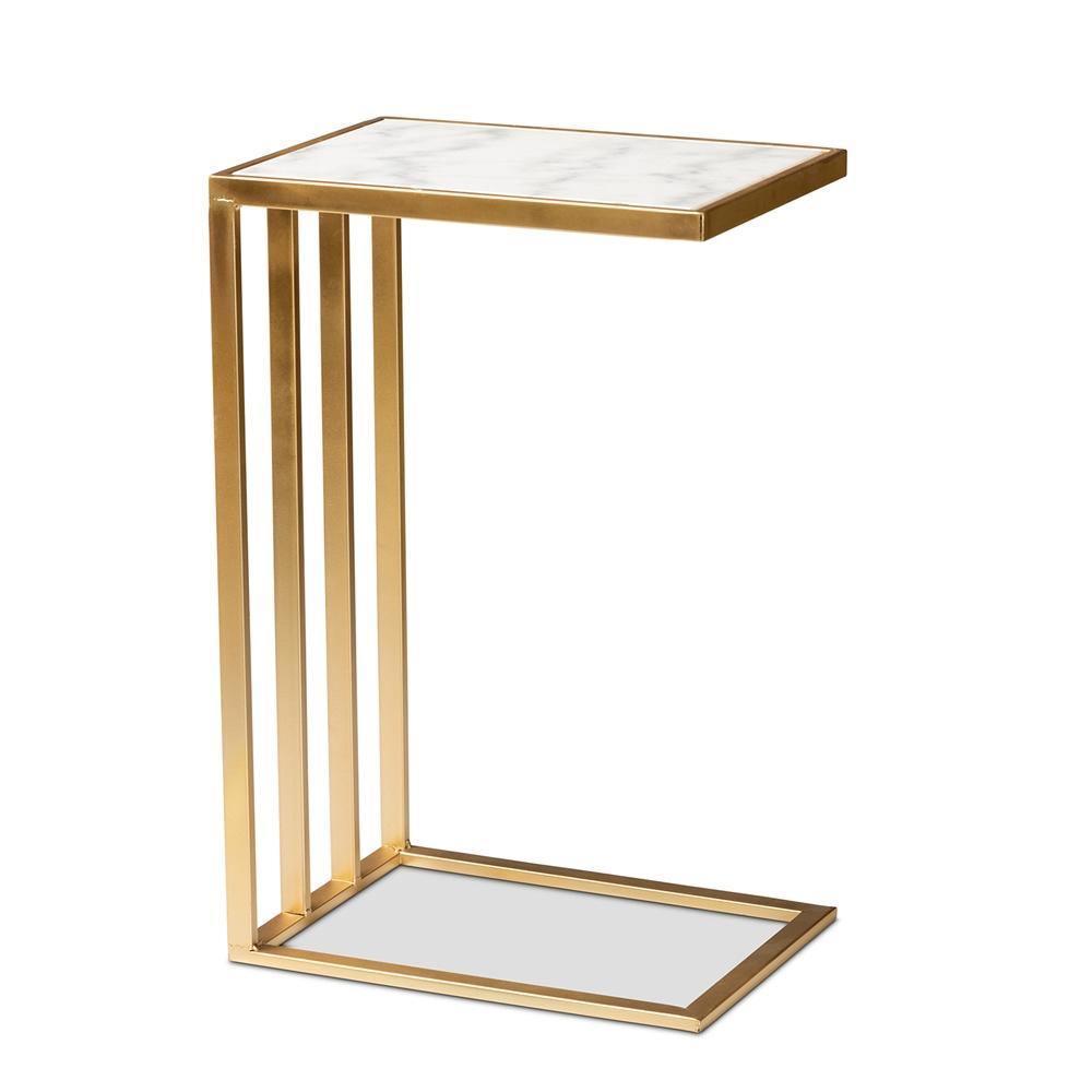 Parkin Modern and Contemporary Gold Finished Metal C Shaped End Table with Marble Tabletop FredCo