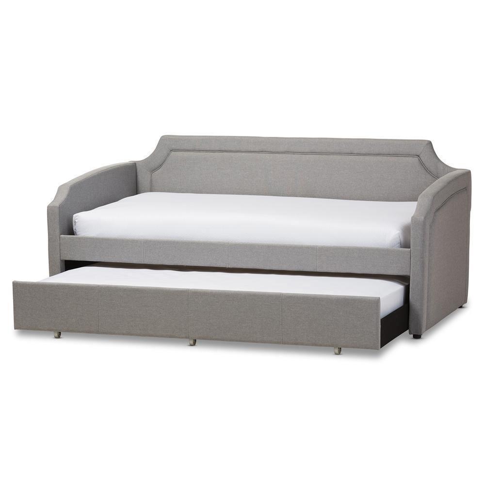 Parkson Modern and Contemporary Grey Fabric Curved Notched Corners Sofa Twin Daybed with Roll-Out Trundle Guest Bed FredCo