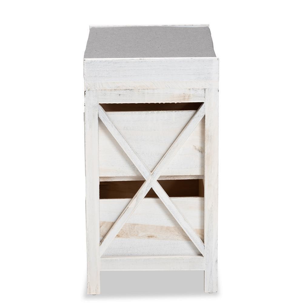 Parra Modern Farmhouse Grey Fabric Upholstered and Whitewashed Wood 3-Drawer Storage Bench FredCo