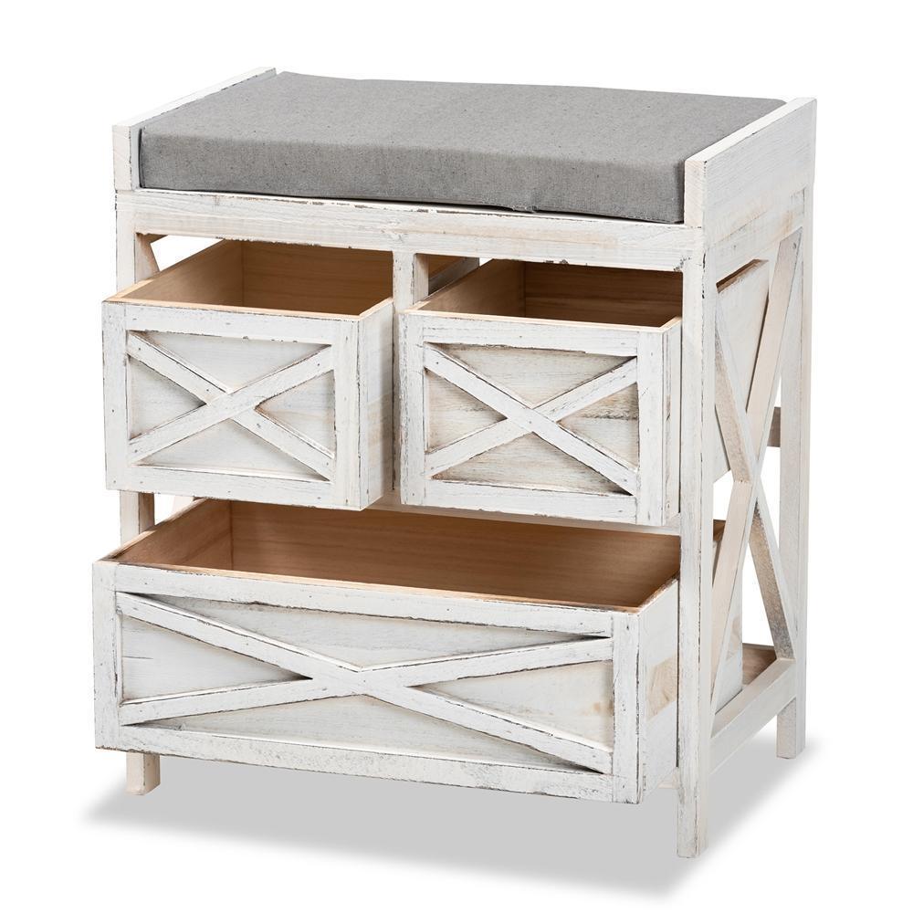 Parra Modern Farmhouse Grey Fabric Upholstered and Whitewashed Wood 3-Drawer Storage Bench FredCo