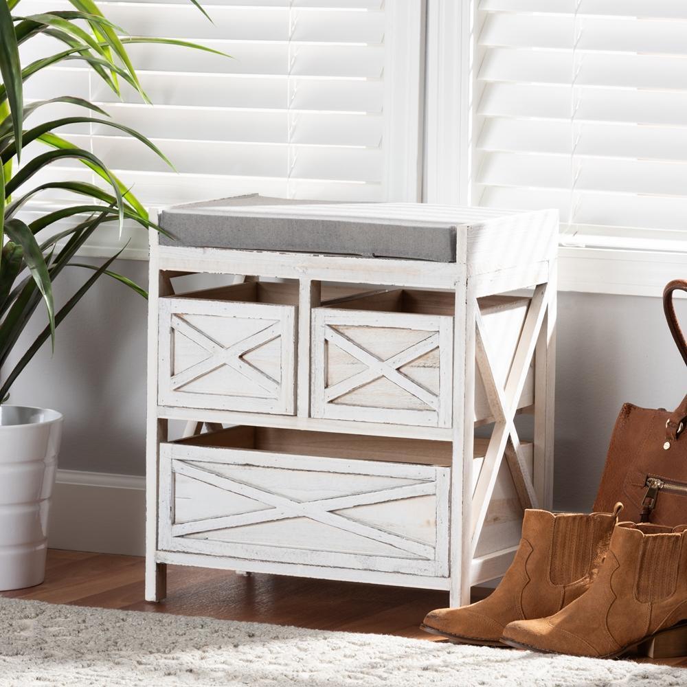 Parra Modern Farmhouse Grey Fabric Upholstered and Whitewashed Wood 3-Drawer Storage Bench FredCo