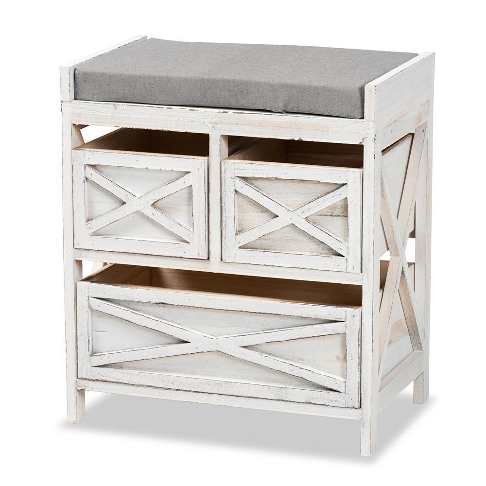 Parra Modern Farmhouse Grey Fabric Upholstered and Whitewashed Wood 3-Drawer Storage Bench FredCo