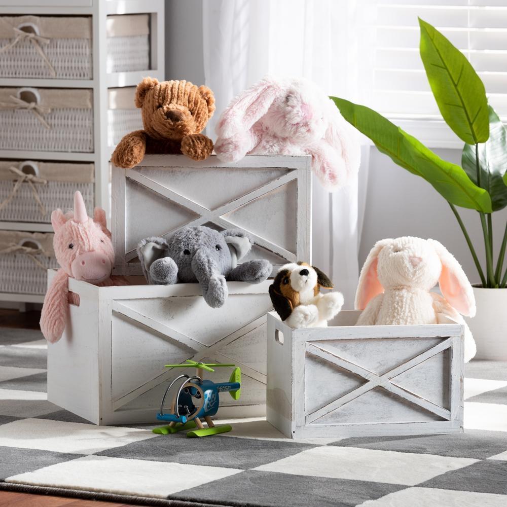Parra Modern Farmhouse Whitewashed Wood 3-Piece Storage Crate Set FredCo