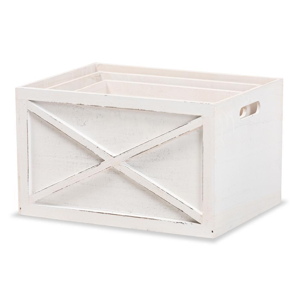 Parra Modern Farmhouse Whitewashed Wood 3-Piece Storage Crate Set FredCo