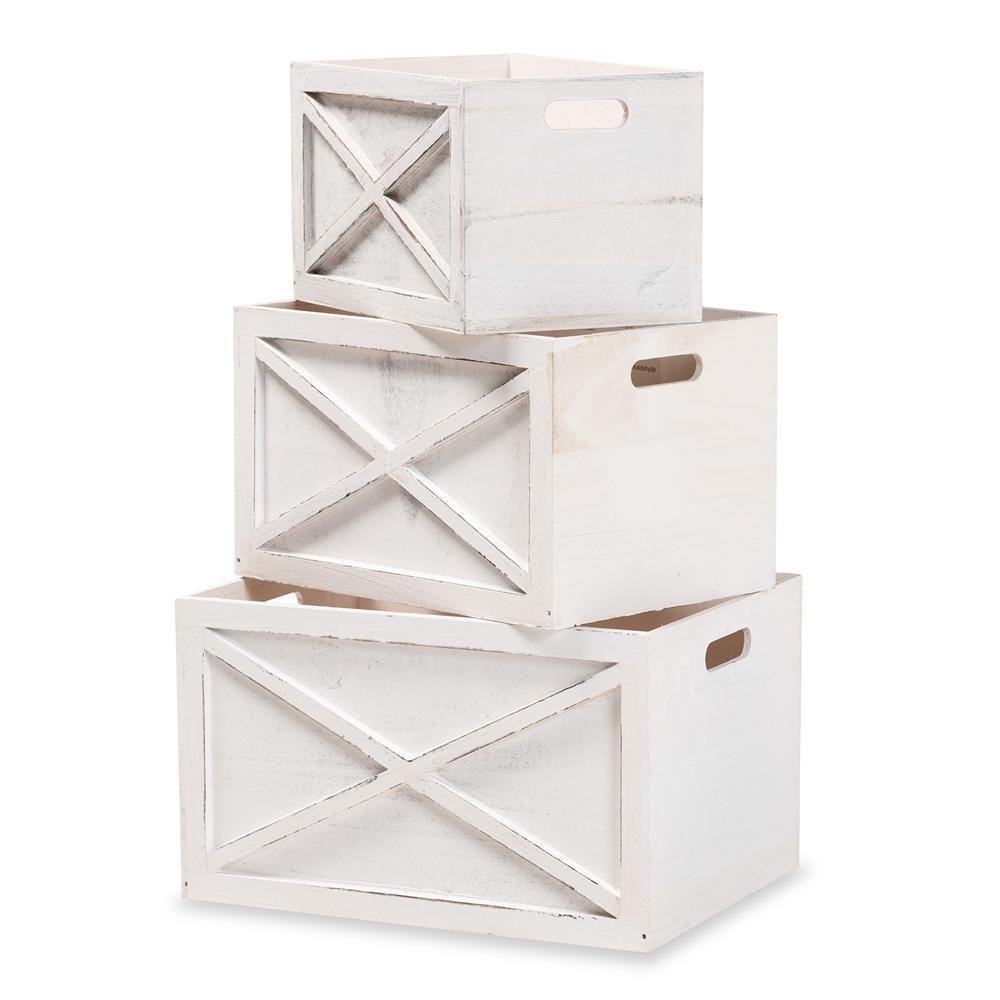 Parra Modern Farmhouse Whitewashed Wood 3-Piece Storage Crate Set FredCo