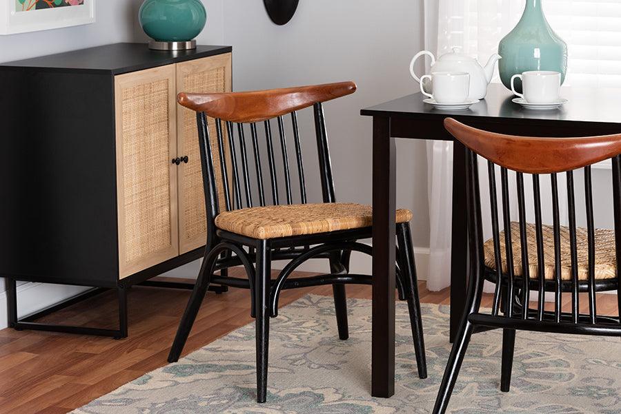 Parthenia Mid-Century Modern Two-Tone Black and Walnut Brown Finished Mahogany Wood and Natural Rattan Dining Chair FredCo