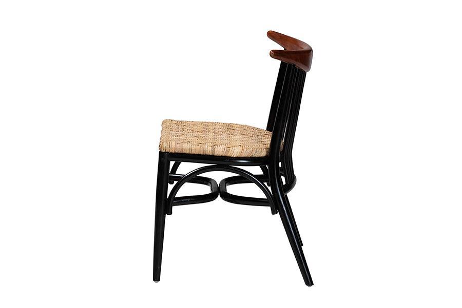 Parthenia Mid-Century Modern Two-Tone Black and Walnut Brown Finished Mahogany Wood and Natural Rattan Dining Chair FredCo