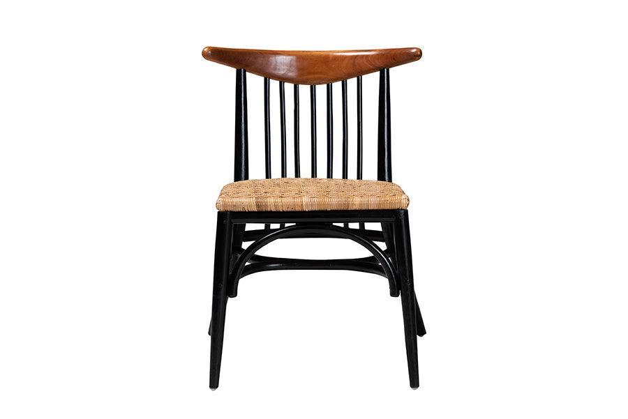 Parthenia Mid-Century Modern Two-Tone Black and Walnut Brown Finished Mahogany Wood and Natural Rattan Dining Chair FredCo