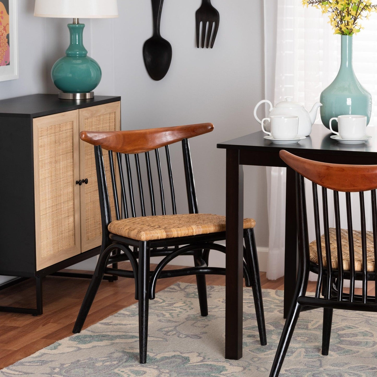 Parthenia Mid-Century Modern Two-Tone Black and Walnut Brown Finished Mahogany Wood and Natural Rattan Dining Chair FredCo