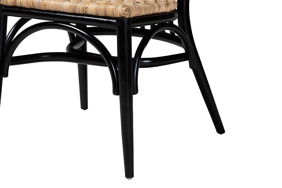 Parthenia Mid-Century Modern Two-Tone Black and Walnut Brown Finished Mahogany Wood and Natural Rattan Dining Chair FredCo