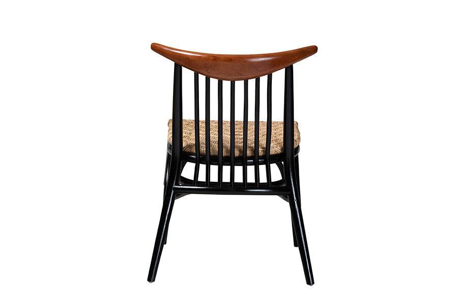 Parthenia Mid-Century Modern Two-Tone Black and Walnut Brown Finished Mahogany Wood and Natural Rattan Dining Chair FredCo