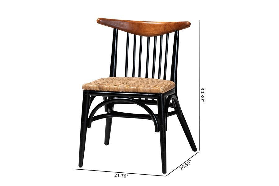 Parthenia Mid-Century Modern Two-Tone Black and Walnut Brown Finished Mahogany Wood and Natural Rattan Dining Chair FredCo