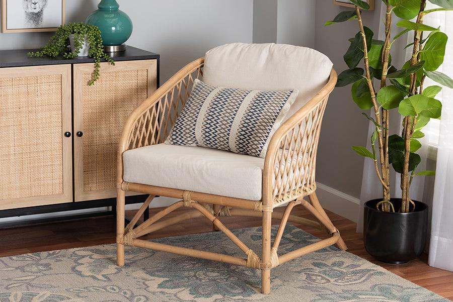 Patsy Modern Bohemian White Fabric and Natural Brown Rattan Armchair FredCo