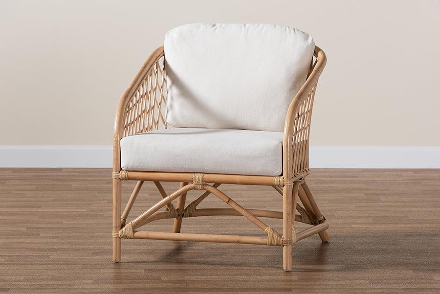 Patsy Modern Bohemian White Fabric and Natural Brown Rattan Armchair FredCo