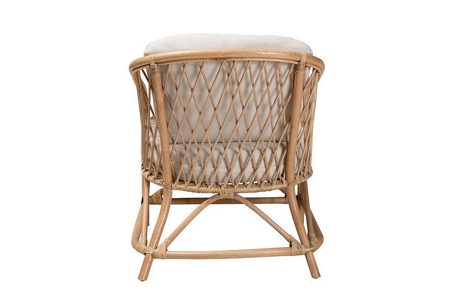 Patsy Modern Bohemian White Fabric and Natural Brown Rattan Armchair FredCo