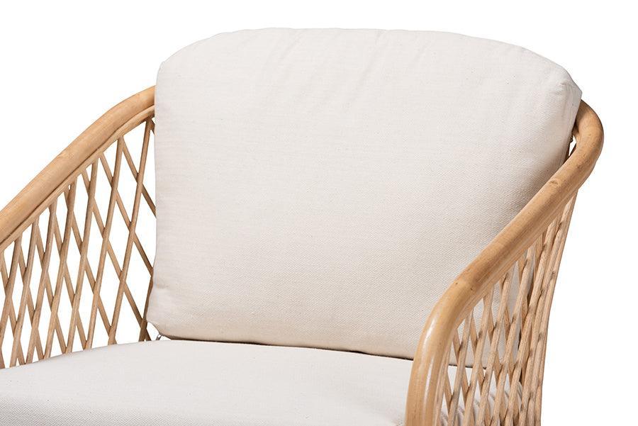 Patsy Modern Bohemian White Fabric and Natural Brown Rattan Armchair FredCo