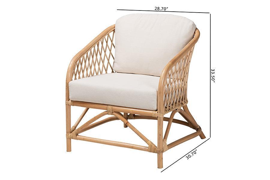 Patsy Modern Bohemian White Fabric and Natural Brown Rattan Armchair FredCo