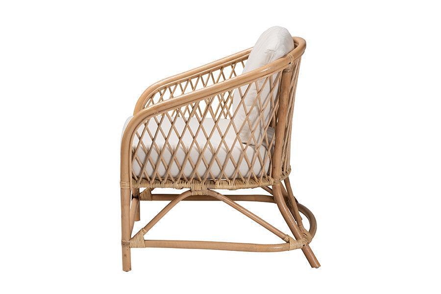 Patsy Modern Bohemian White Fabric and Natural Brown Rattan Armchair FredCo