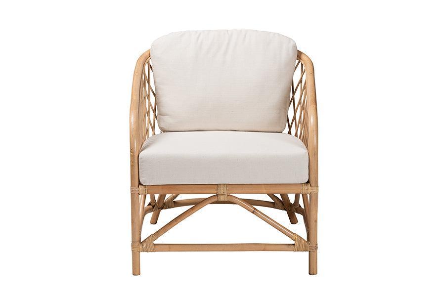 Patsy Modern Bohemian White Fabric and Natural Brown Rattan Armchair FredCo
