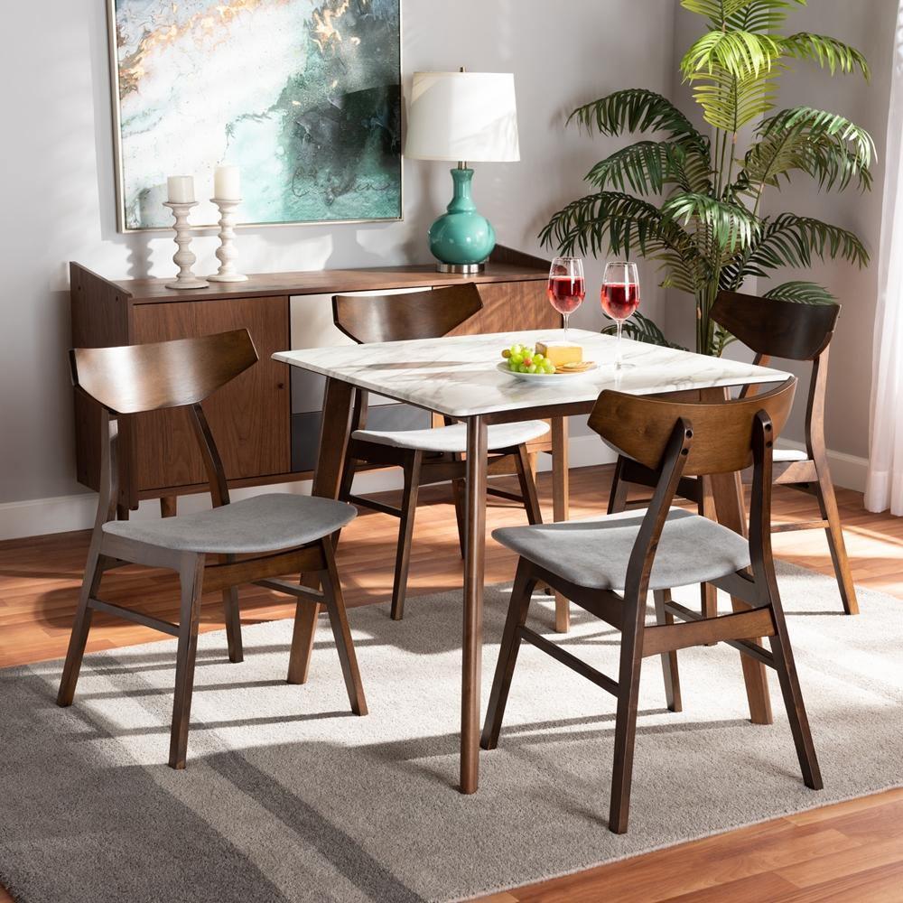 Pearson Mid-Century Grey Fabric Upholstered and Walnut Brown Finished Wood 5-Piece Dining Set with Faux Marble Table FredCo