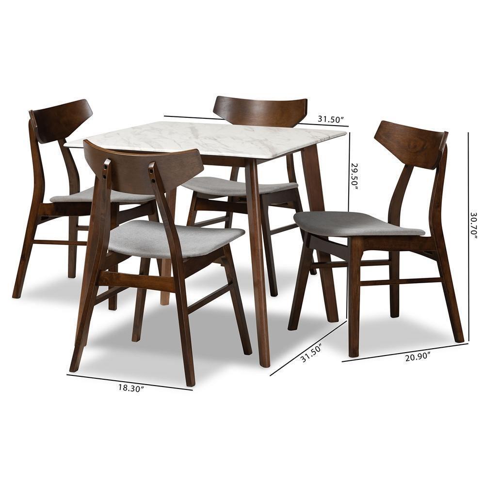 Pearson Mid-Century Grey Fabric Upholstered and Walnut Brown Finished Wood 5-Piece Dining Set with Faux Marble Table FredCo