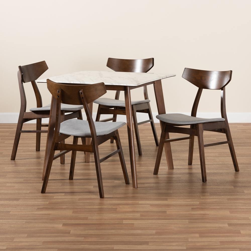Pearson Mid-Century Grey Fabric Upholstered and Walnut Brown Finished Wood 5-Piece Dining Set with Faux Marble Table FredCo