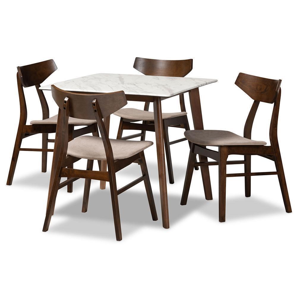 Pearson Mid-Century Transitional Beige Fabric Upholstered and Walnut Brown Finished Wood 5-Piece Dining Set with Faux Marble FredCo
