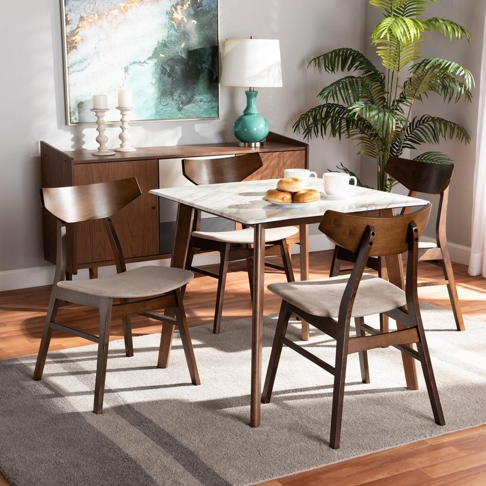 Pearson Mid-Century Transitional Beige Fabric Upholstered and Walnut Brown Finished Wood 5-Piece Dining Set with Faux Marble FredCo