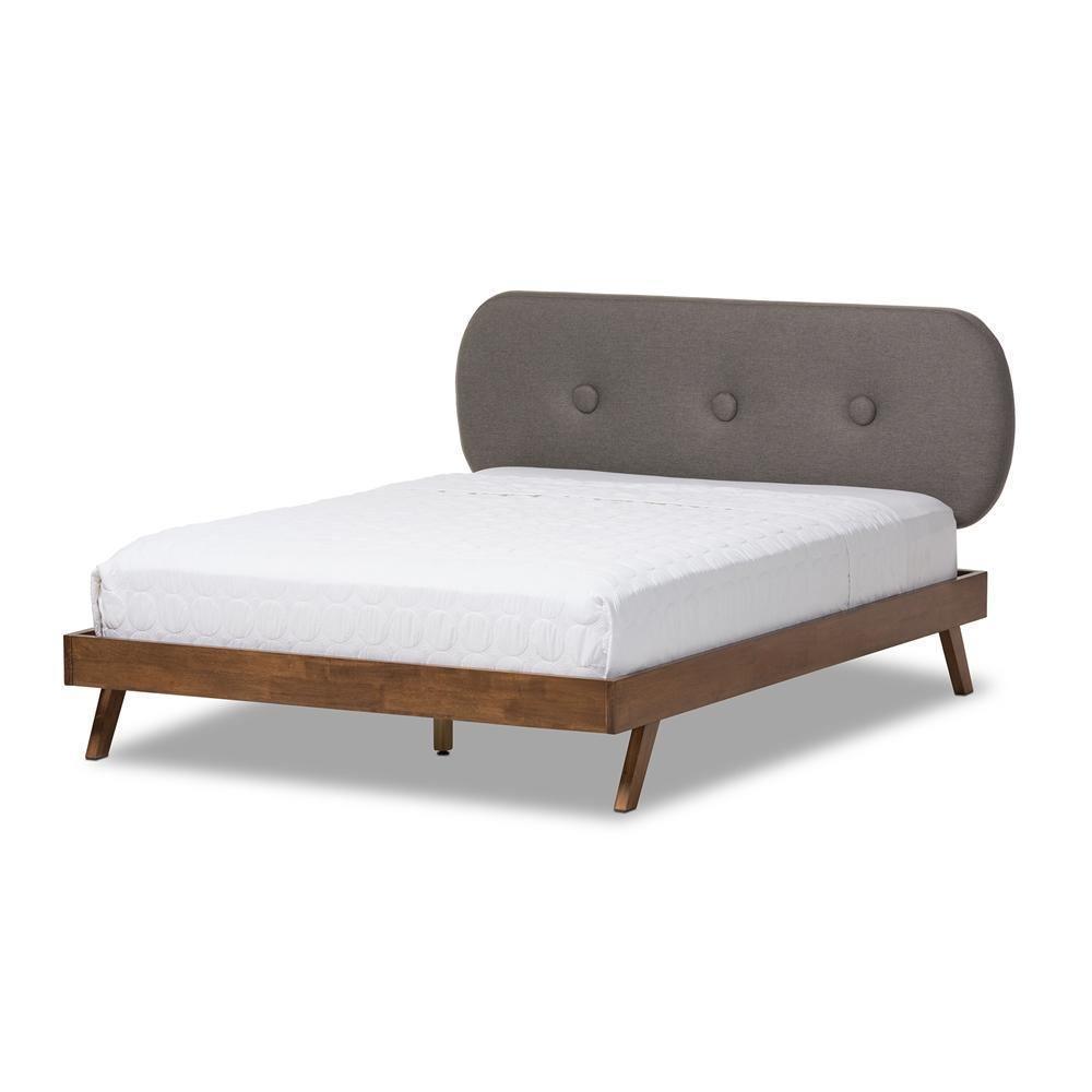 Penelope Mid-Century Modern Solid Walnut Wood Grey Fabric Upholstered Queen Size Platform Bed FredCo