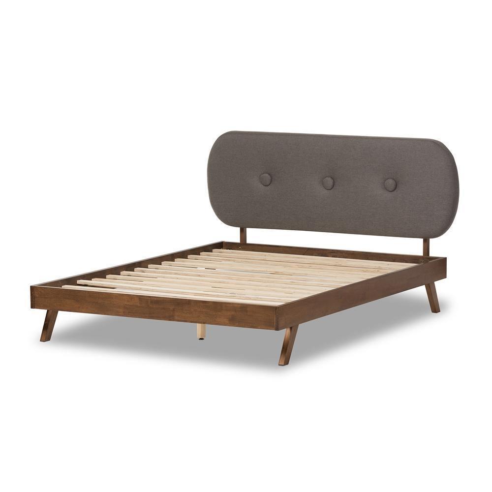 Penelope Mid-Century Modern Solid Walnut Wood Grey Fabric Upholstered Queen Size Platform Bed FredCo