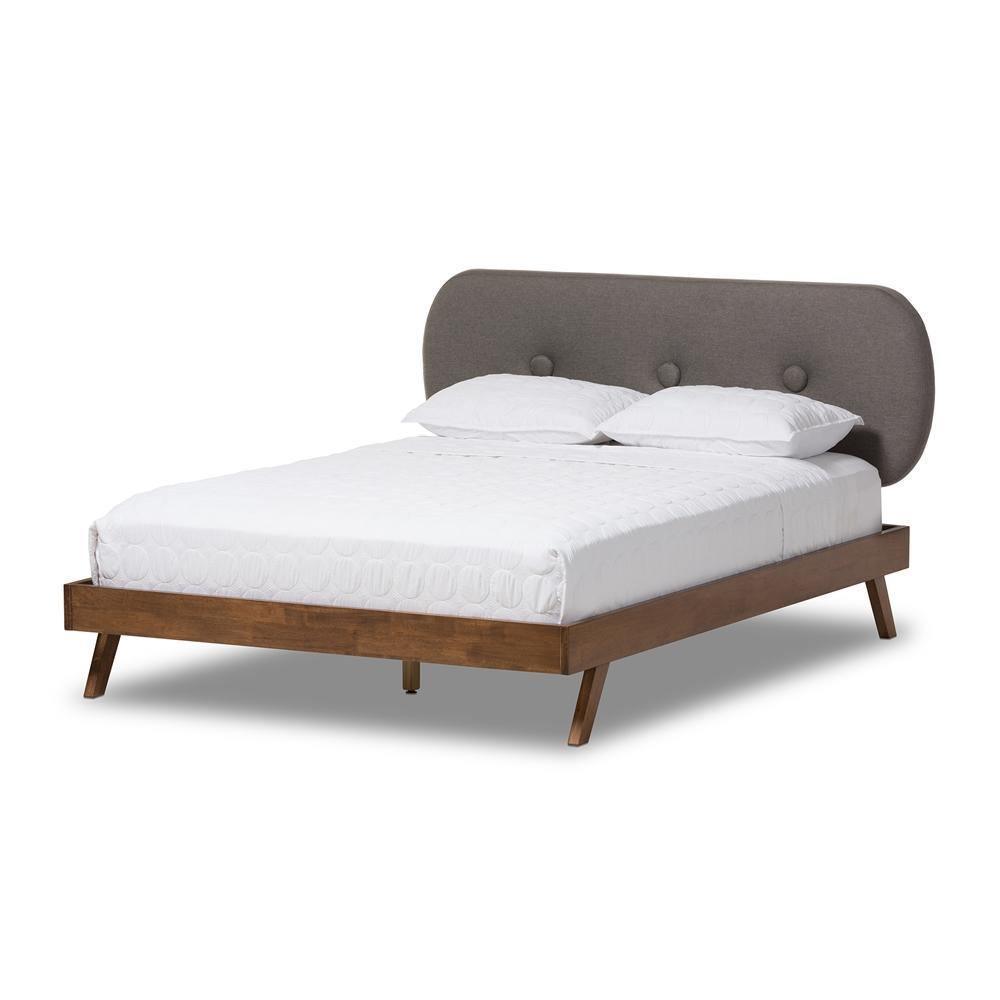Penelope Mid-Century Modern Solid Walnut Wood Grey Fabric Upholstered Queen Size Platform Bed FredCo