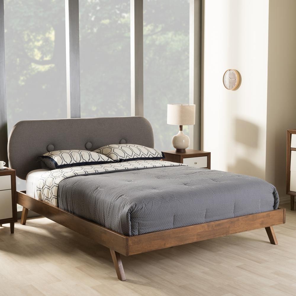Penelope Mid-Century Modern Solid Walnut Wood Grey Fabric Upholstered Queen Size Platform Bed FredCo