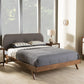 Penelope Mid-Century Modern Solid Walnut Wood Grey Fabric Upholstered Queen Size Platform Bed FredCo