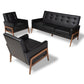 Perris Mid-Century Modern Black Faux Leather Upholstered Walnut Finished Wood 3-Piece Living Room Set FredCo