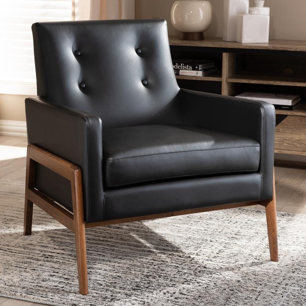 Perris Mid-Century Modern Black Faux Leather Upholstered Walnut Wood Lounge Chair FredCo