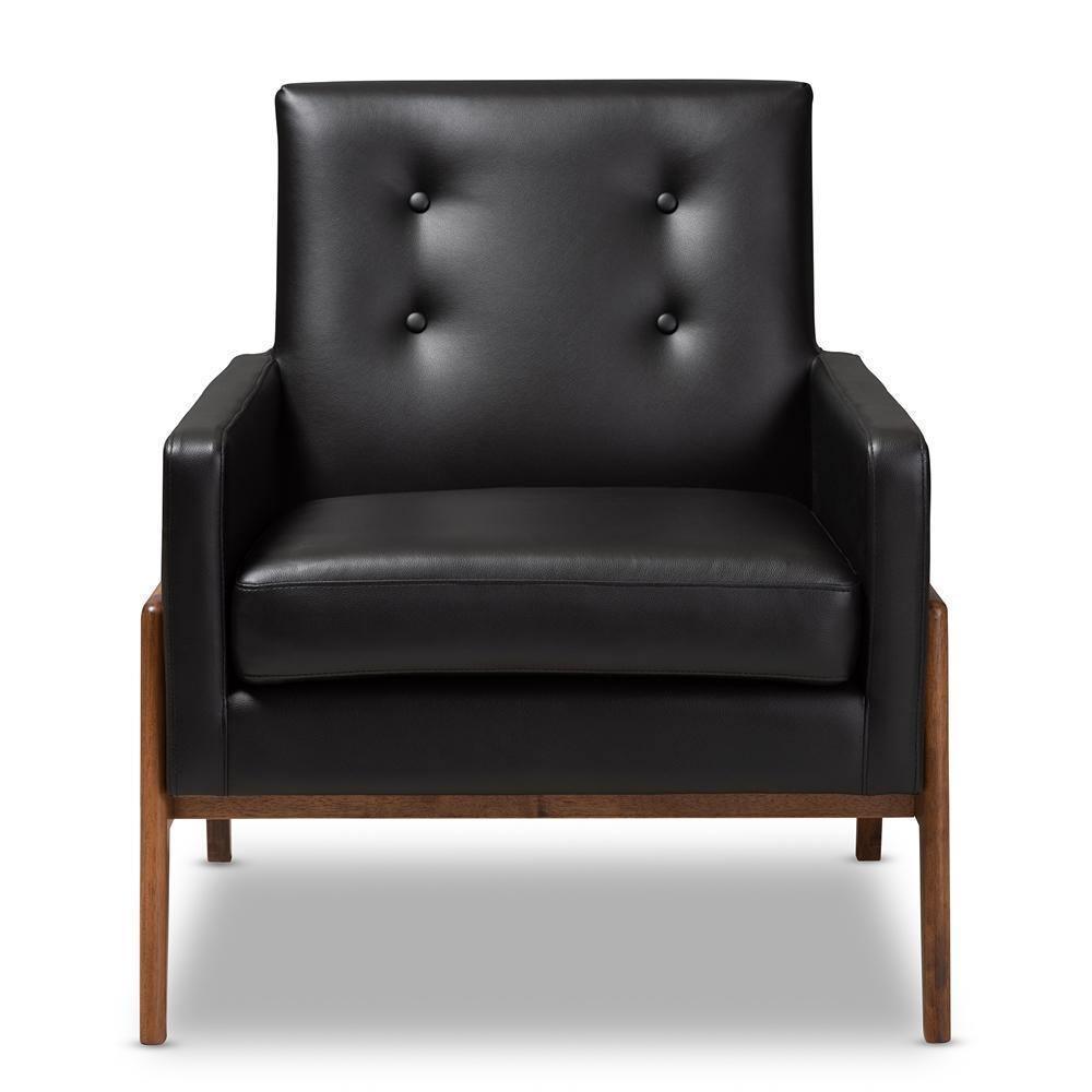 Perris Mid-Century Modern Black Faux Leather Upholstered Walnut Wood Lounge Chair FredCo