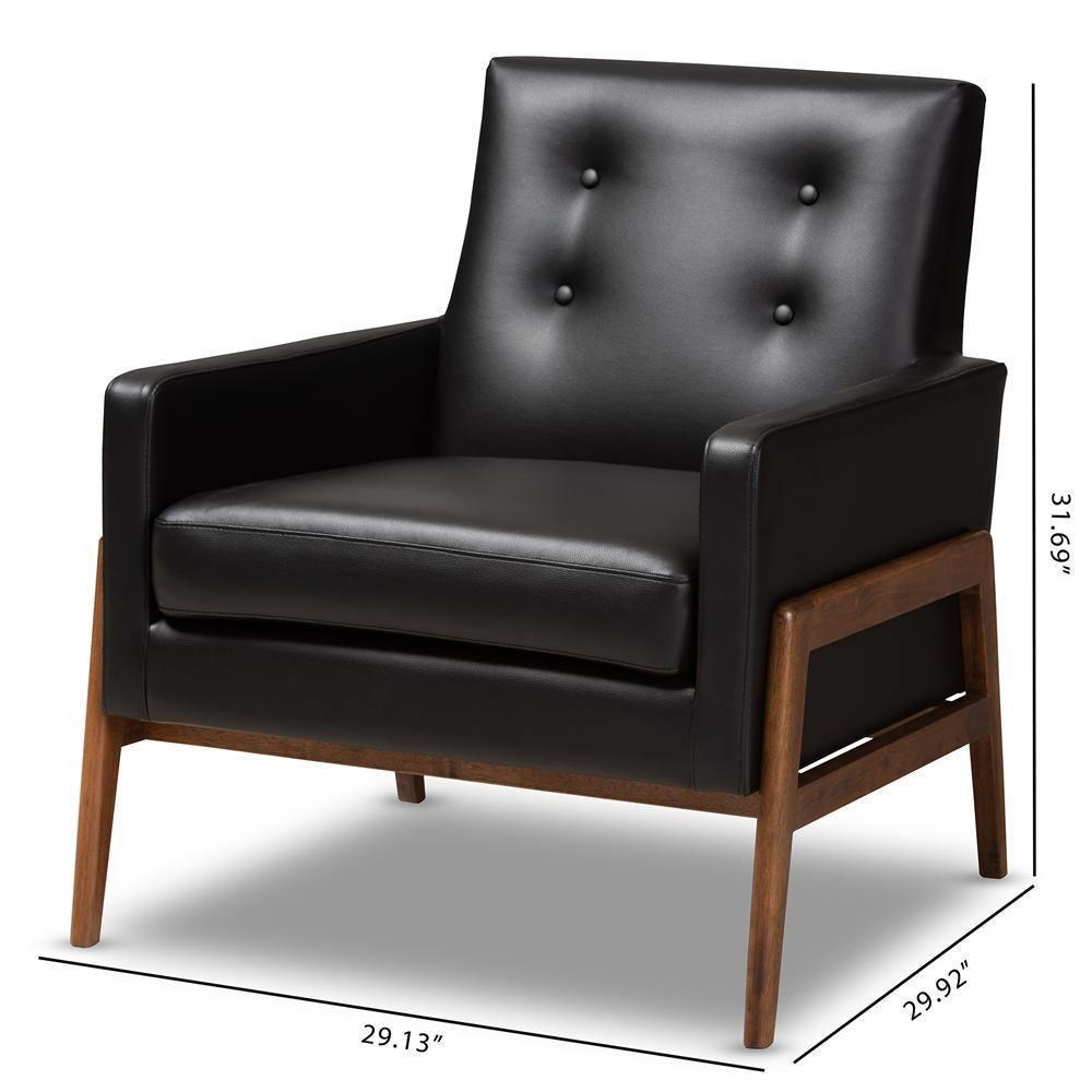 Perris Mid-Century Modern Black Faux Leather Upholstered Walnut Wood Lounge Chair FredCo