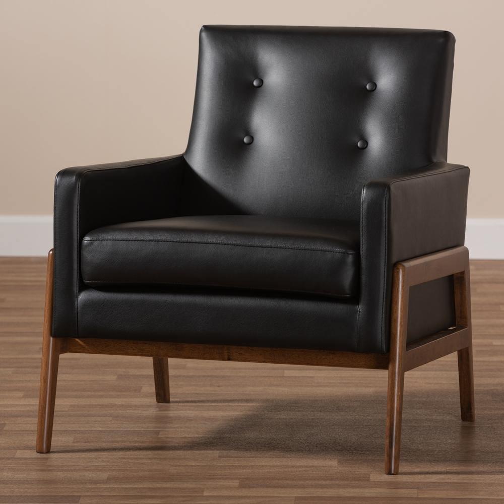 Perris Mid-Century Modern Black Faux Leather Upholstered Walnut Wood Lounge Chair FredCo