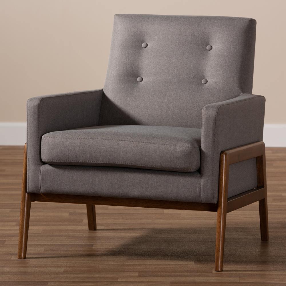 Perris Mid-Century Modern Grey Fabric Upholstered Walnut Wood Lounge Chair FredCo
