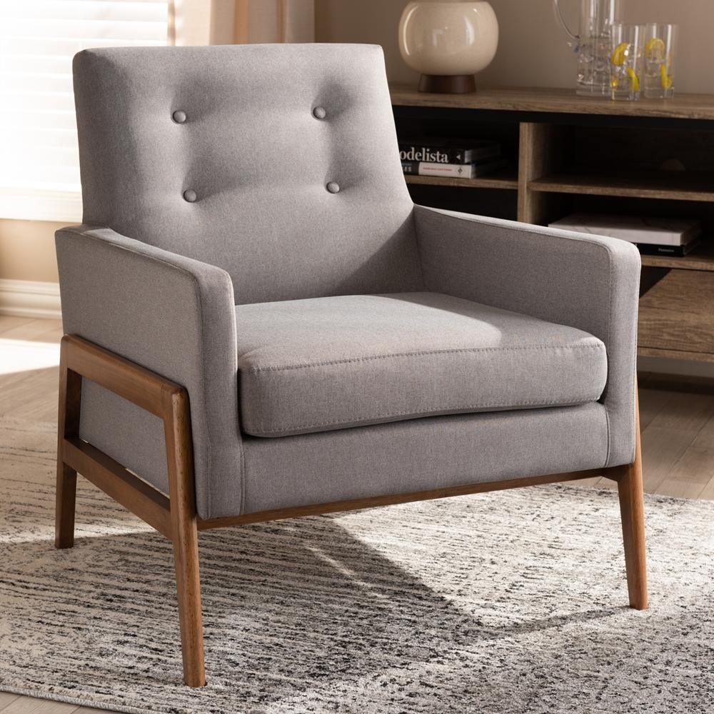 Perris Mid-Century Modern Grey Fabric Upholstered Walnut Wood Lounge Chair FredCo