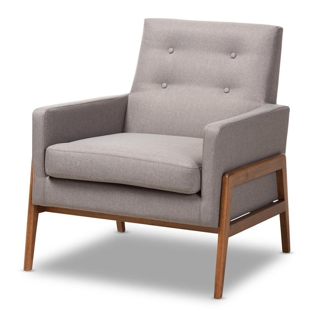Perris Mid-Century Modern Grey Fabric Upholstered Walnut Wood Lounge Chair FredCo