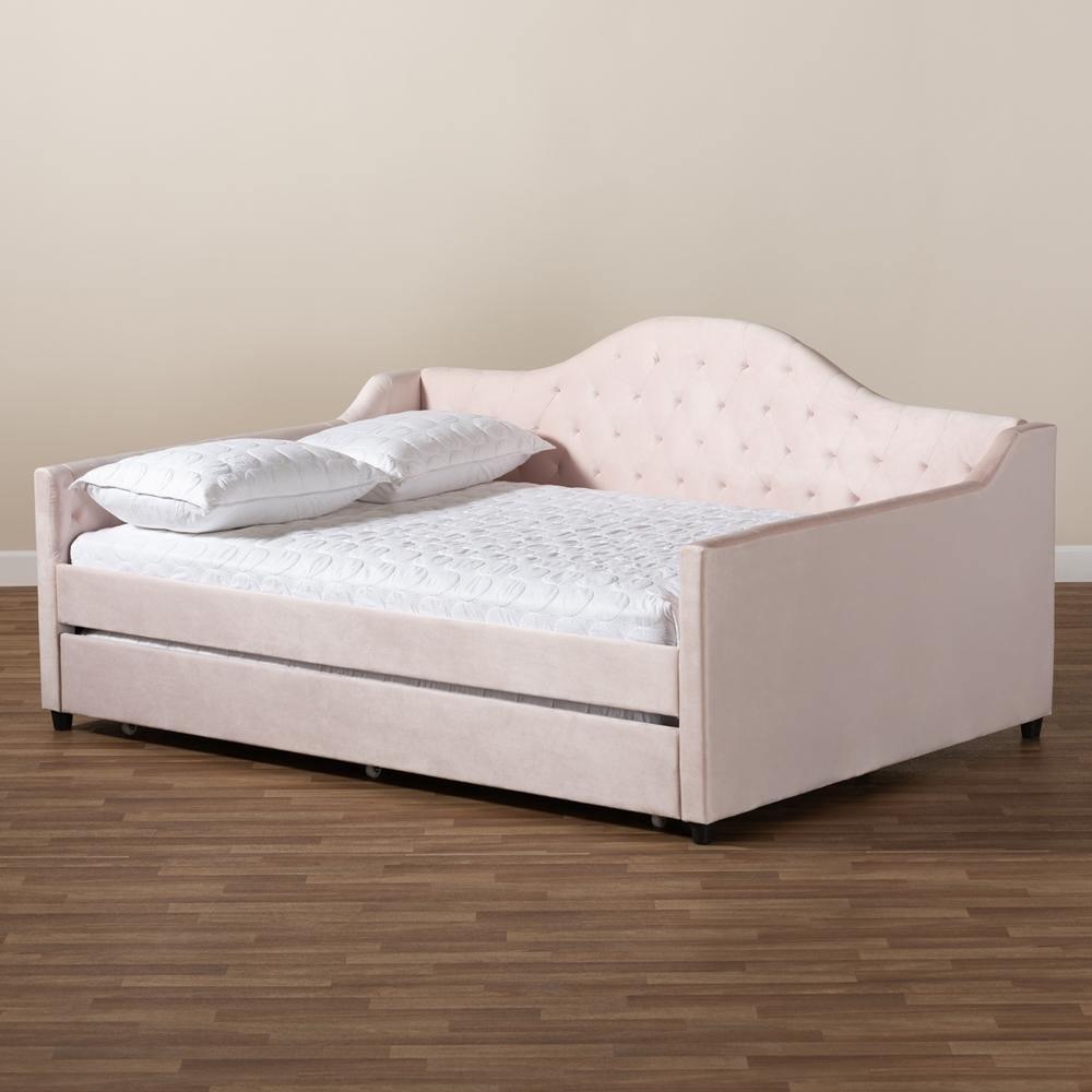 Perry Modern and Contemporary Light Pink Velvet Fabric Upholstered and Button Tufted Full Size Daybed with Trundle FredCo