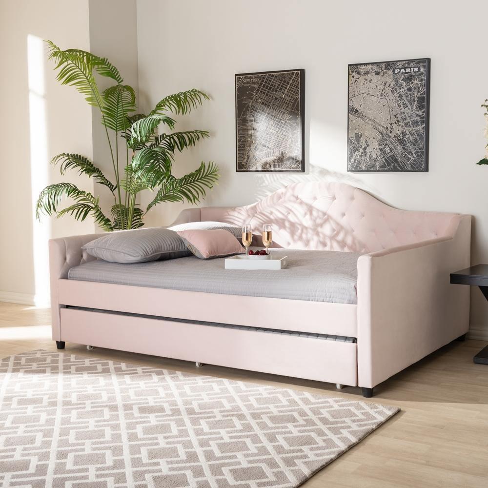 Perry Modern and Contemporary Light Pink Velvet Fabric Upholstered and Button Tufted Queen Size Daybed with Trundle FredCo